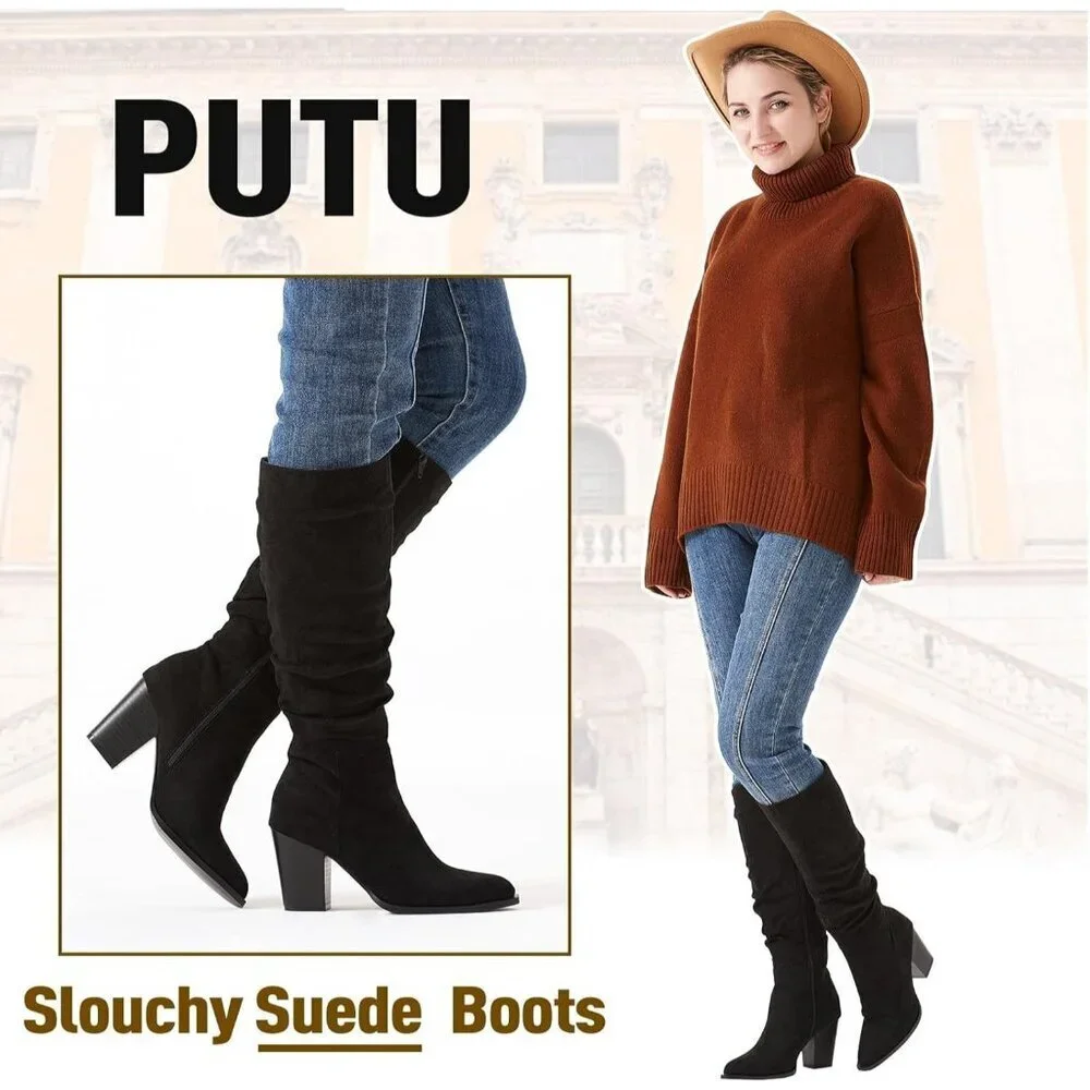 Women's Black Pointed Toe Faux Suede Slouch Chunky Heel Knee High Boots
